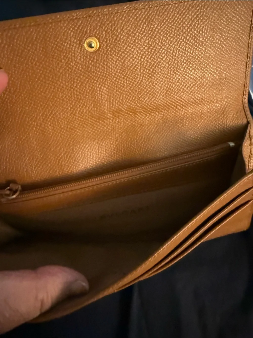 Bulgari Tan Leather Continental Wallet with Gold Emblem